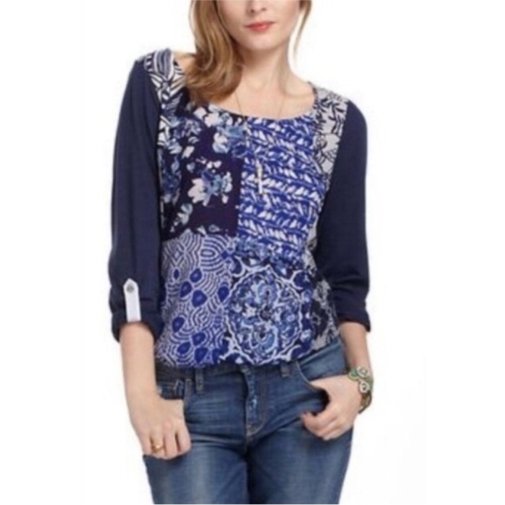 Anthropologie One September Patchwork Top Roll Tab Sleeve Blue Women’s Medium